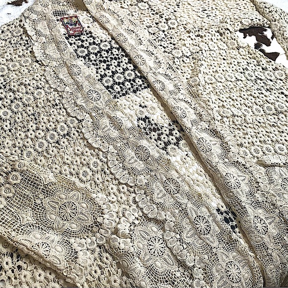 Johnny Was Midi All Over Lace Crochet Kimono Duster Cardigan w/Pockets EUC Sz M - Picture 11 of 12